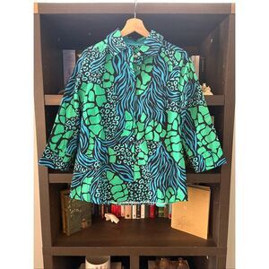 NWT Perlavera Blue & Green Button Front Blouse Size Small $130 MSRP